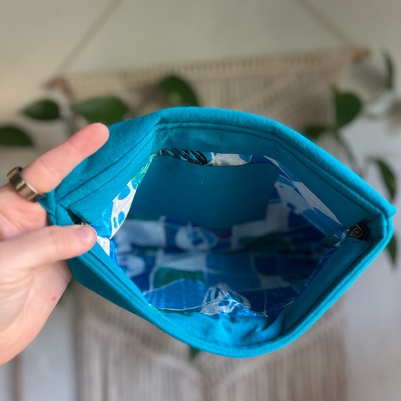 Vintage Turquoise Suede Floral Clutch Purse Handmade Boho Evening Bag Flower - Picture 3 of 7